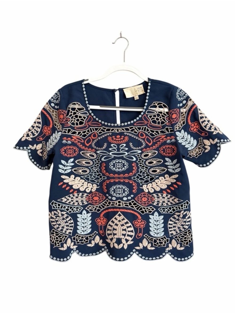 JOA Los Angeles Navy Scallop Embroidered Short Sleeve Top Boho Size Large